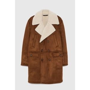 NWOT New Zara Man Mens Faux Suede Shearling Double Breasted Coat Size Large